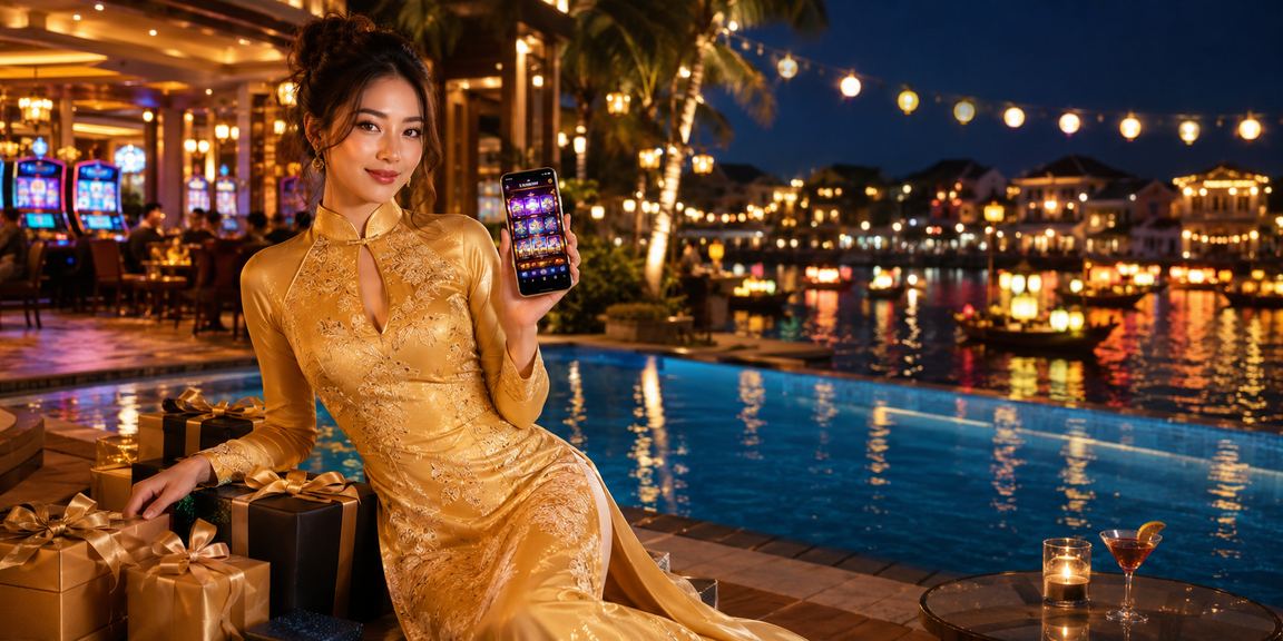 Cô gái mặc áo dài Hội An sử dụng ứng dụng casino trên điện thoại